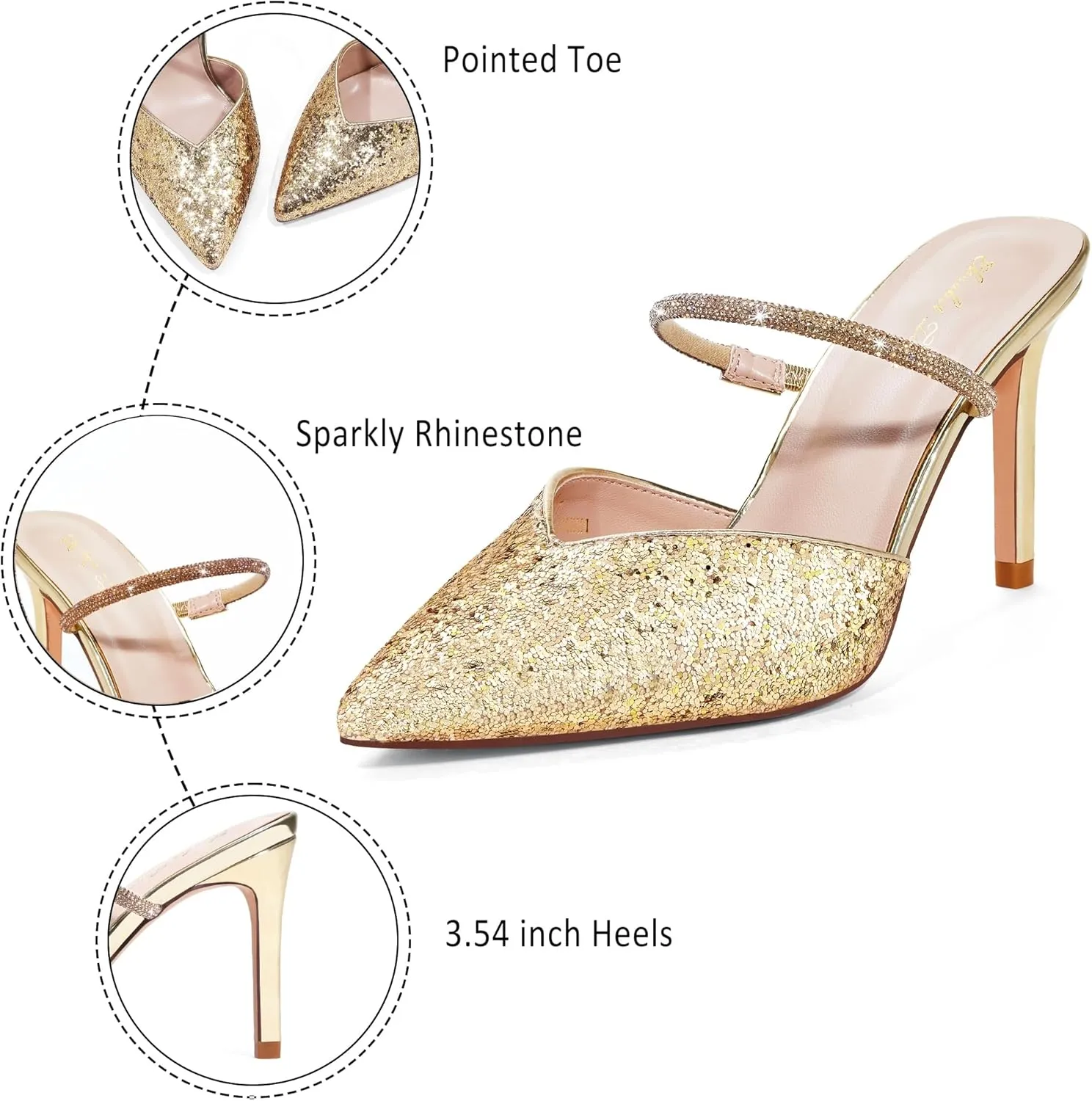 Elisabet Tang Pointed Toe Heels Sandals, 3.54 Inch Pearl Strap Satin Mules Stiletto Heels Glitter Crystal Closed Toe High Heels Backless Slip On Party Dress Daily Wear Pumps