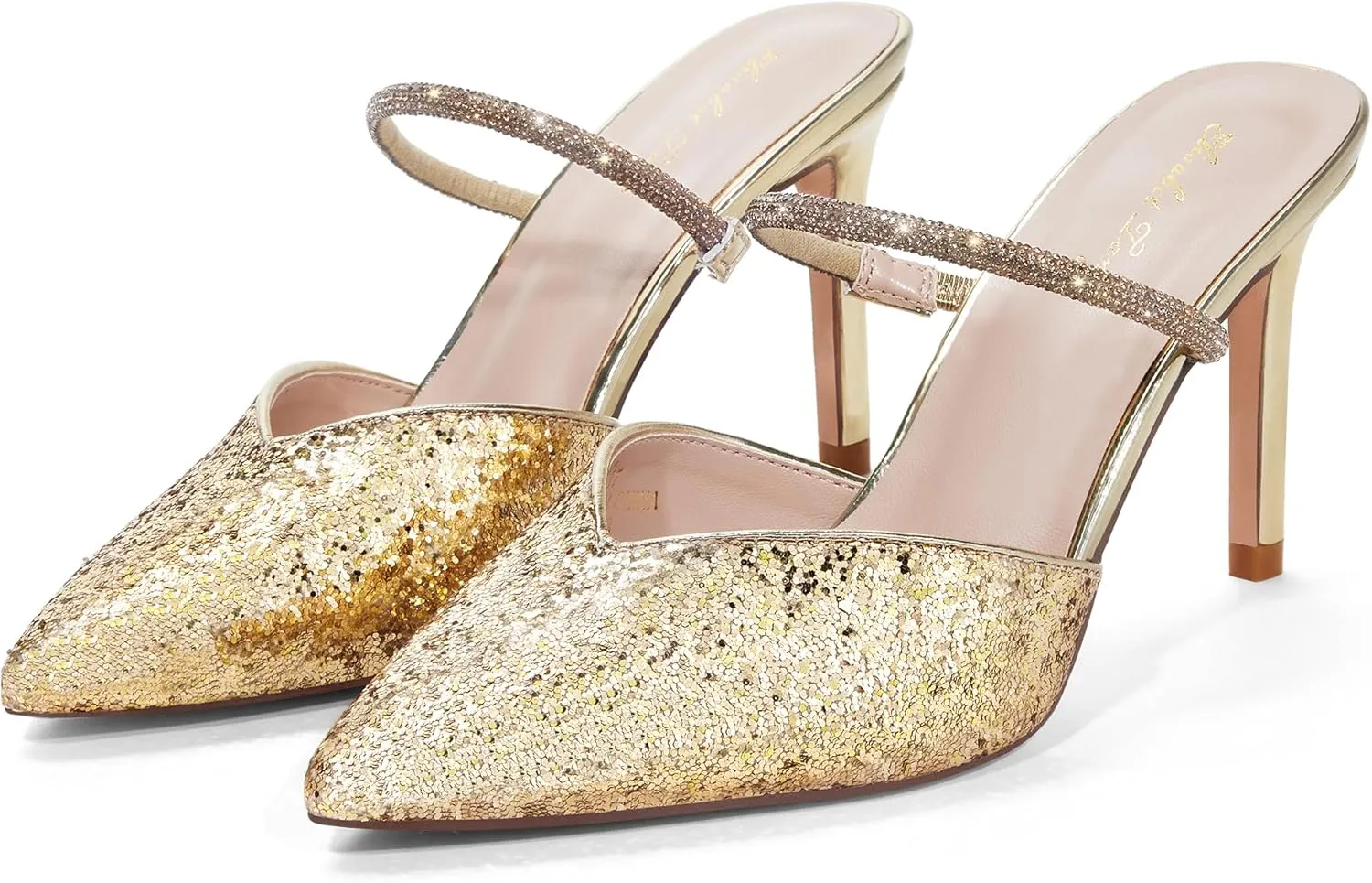 Elisabet Tang Pointed Toe Heels Sandals, 3.54 Inch Pearl Strap Satin Mules Stiletto Heels Glitter Crystal Closed Toe High Heels Backless Slip On Party Dress Daily Wear Pumps