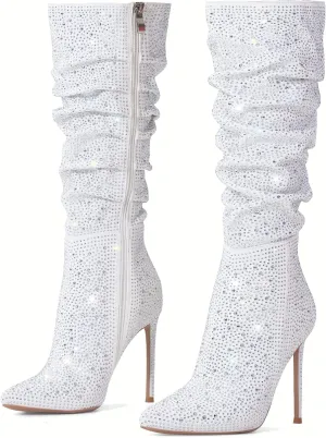 Elisabet Tang Women's Knee High Booties,Faux Suede 4" Stiletto Heel Pointed Toe Knee High Boots Side Zipper Boots Dress Shoes