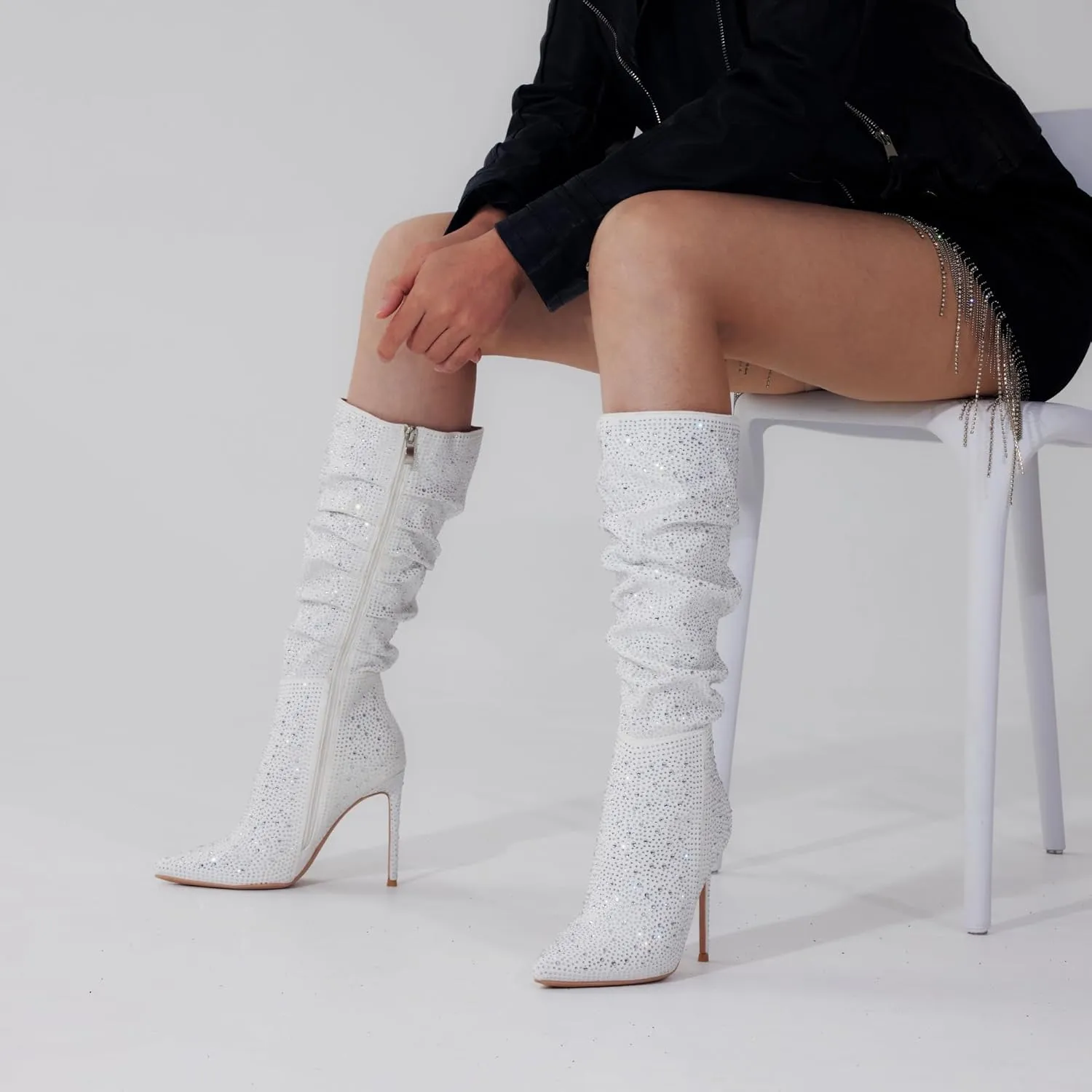 Elisabet Tang Women's Knee High Booties,Faux Suede 4" Stiletto Heel Pointed Toe Knee High Boots Side Zipper Boots Dress Shoes