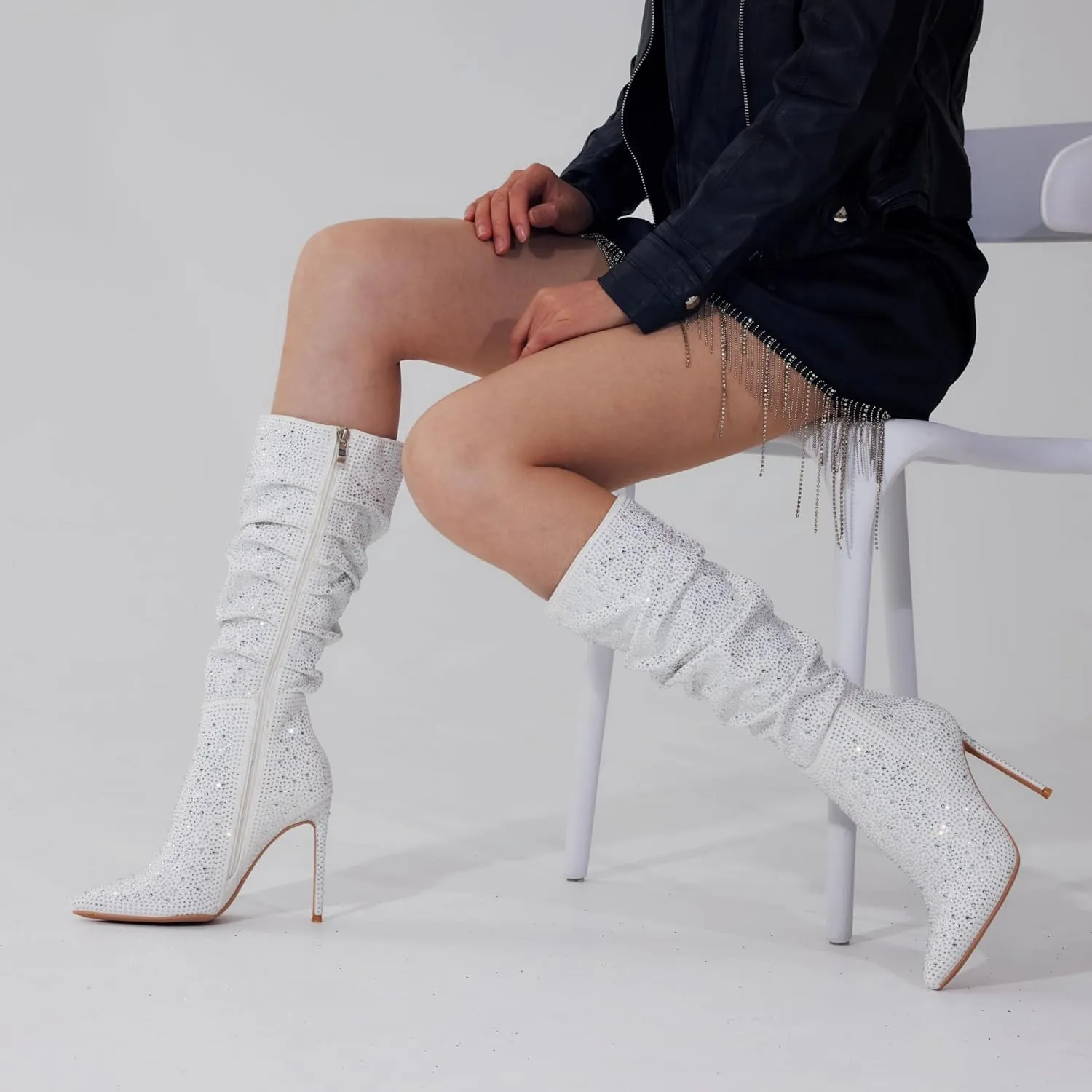 Elisabet Tang Women's Knee High Booties,Faux Suede 4" Stiletto Heel Pointed Toe Knee High Boots Side Zipper Boots Dress Shoes