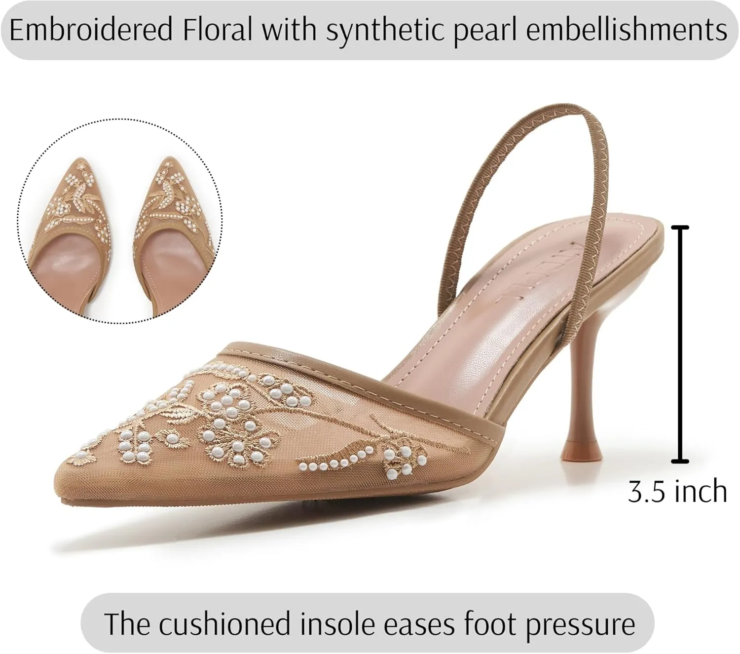 Embroidered Mesh Slingback Heels for Women White Pearl Kitten Heel Pumps Pointed Toe Backless Wedding Shoes