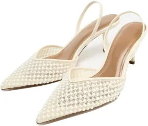 Embroidered Mesh Slingback Heels for Women White Pearl Kitten Heel Pumps Pointed Toe Backless Wedding Shoes