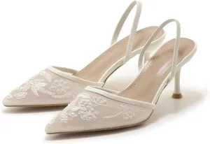 Embroidered Mesh Slingback Heels for Women White Pearl Kitten Heel Pumps Pointed Toe Backless Wedding Shoes