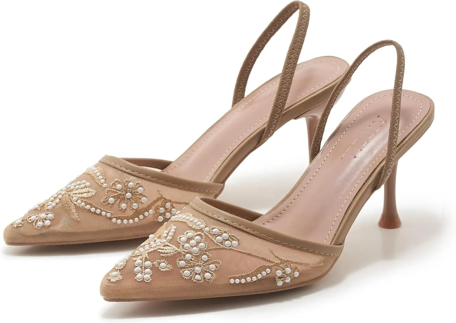 Embroidered Mesh Slingback Heels for Women White Pearl Kitten Heel Pumps Pointed Toe Backless Wedding Shoes