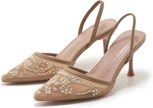Embroidered Mesh Slingback Heels for Women White Pearl Kitten Heel Pumps Pointed Toe Backless Wedding Shoes