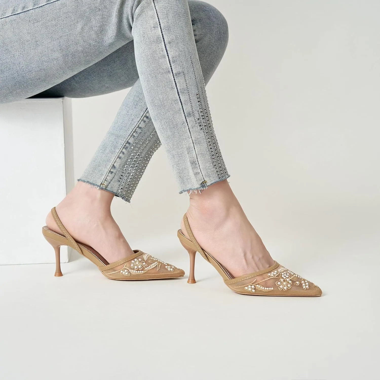 Embroidered Mesh Slingback Heels for Women White Pearl Kitten Heel Pumps Pointed Toe Backless Wedding Shoes