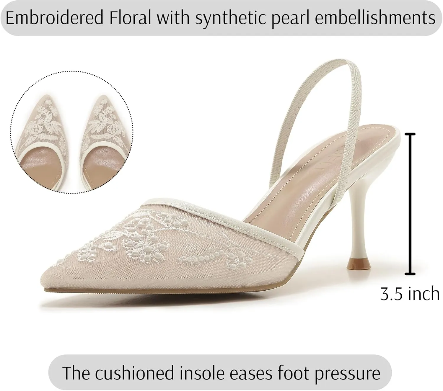 Embroidered Mesh Slingback Heels for Women White Pearl Kitten Heel Pumps Pointed Toe Backless Wedding Shoes