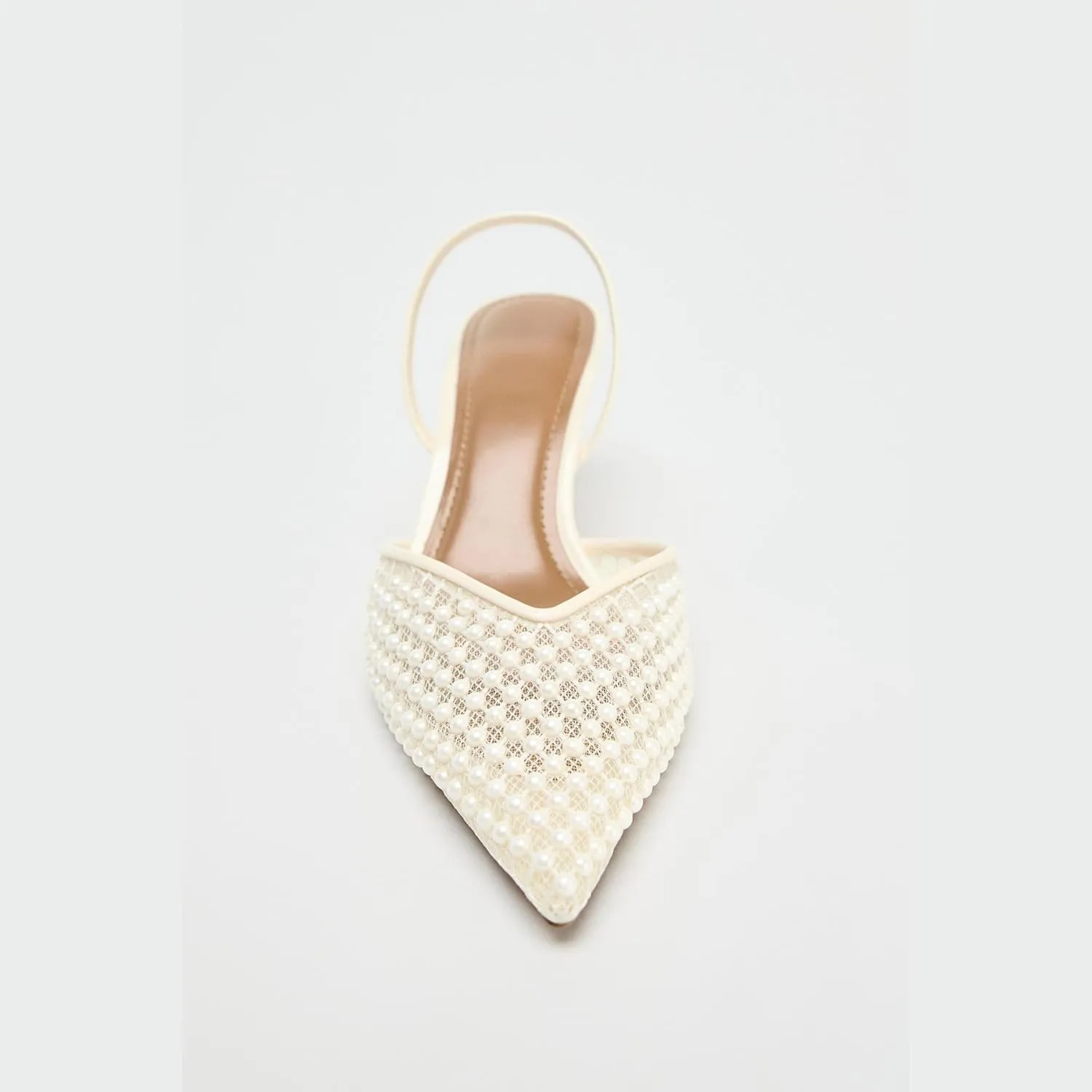 Embroidered Mesh Slingback Heels for Women White Pearl Kitten Heel Pumps Pointed Toe Backless Wedding Shoes