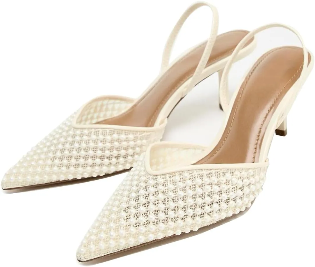 Embroidered Mesh Slingback Heels for Women White Pearl Kitten Heel Pumps Pointed Toe Backless Wedding Shoes