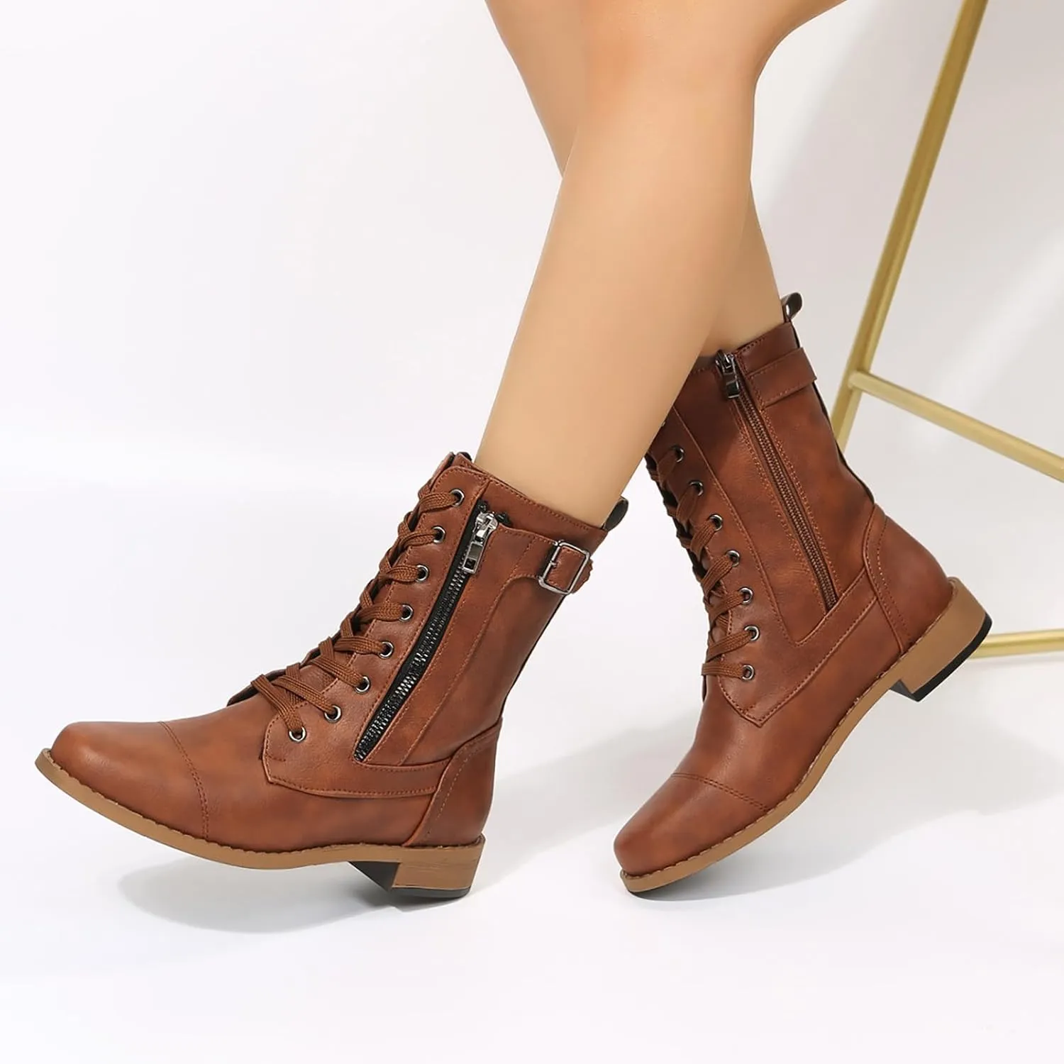 Fall Boots for Women 2024 Low Heel Combat Boots Womens Black Platform Lace-Up Side Zipper Low Heel Mid-Calf Booties