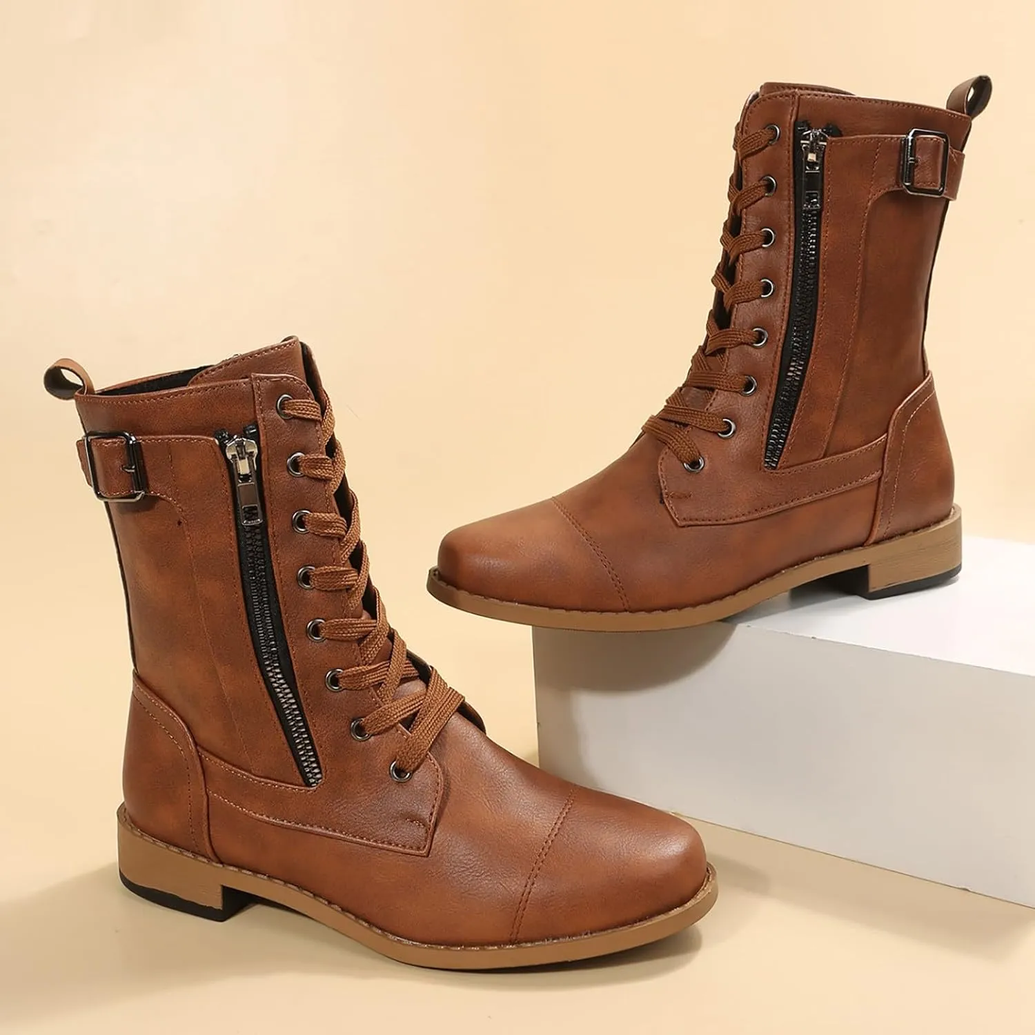 Fall Boots for Women 2024 Low Heel Combat Boots Womens Black Platform Lace-Up Side Zipper Low Heel Mid-Calf Booties