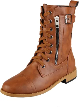 Fall Boots for Women 2024 Low Heel Combat Boots Womens Black Platform Lace-Up Side Zipper Low Heel Mid-Calf Booties