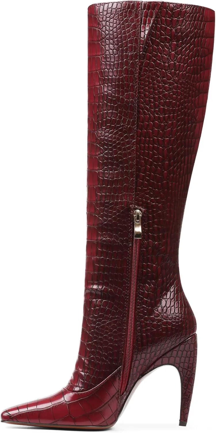 femflame Knee High Boots for Women Wide Calf Long Boots Suede Square Toe Pull On Stiletto Heel Tall Boots