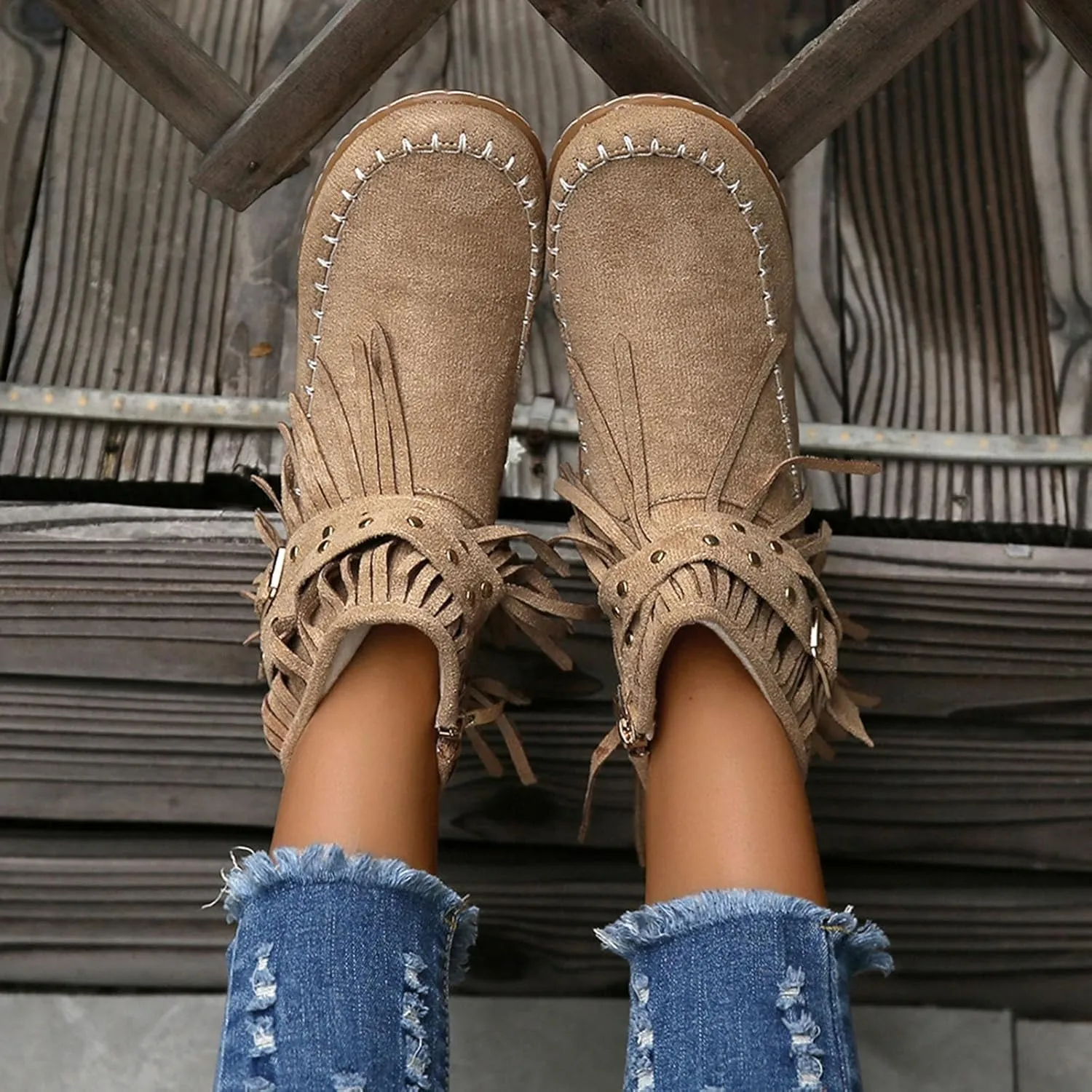 Flats Suede Boots For Women Fringe Cowboy Boots Low Heel Moccasin Boots Winter Warm Slouch Boots Short Boots