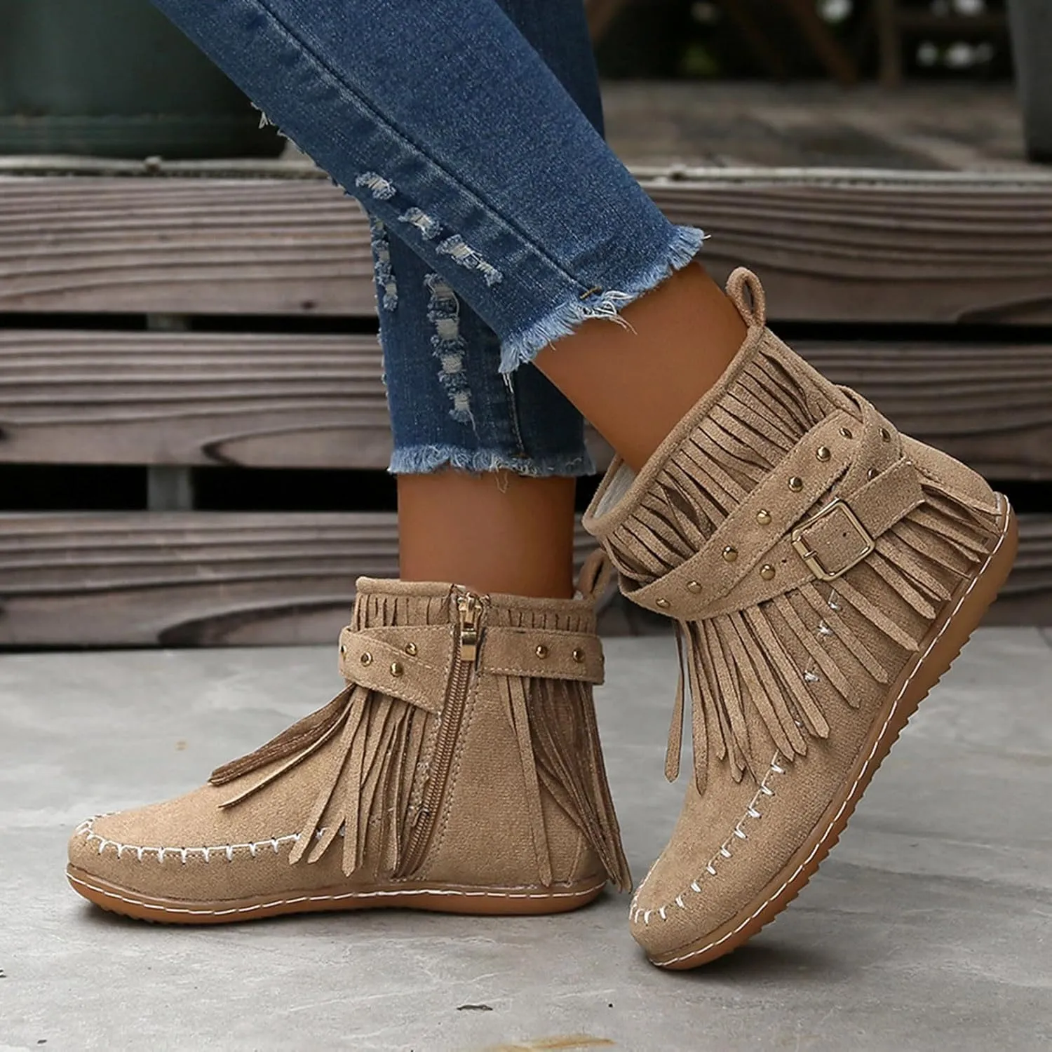 Flats Suede Boots For Women Fringe Cowboy Boots Low Heel Moccasin Boots Winter Warm Slouch Boots Short Boots