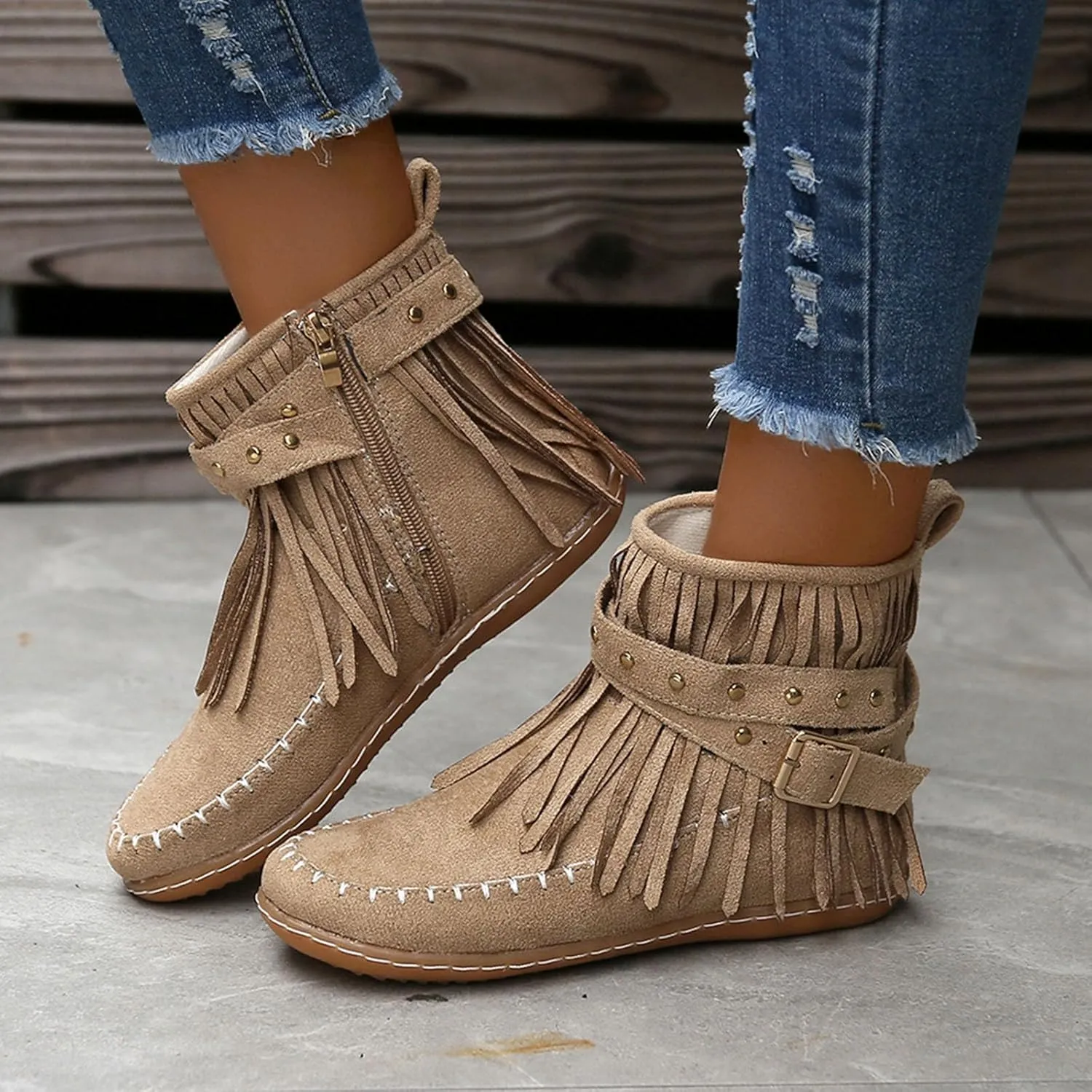 Flats Suede Boots For Women Fringe Cowboy Boots Low Heel Moccasin Boots Winter Warm Slouch Boots Short Boots