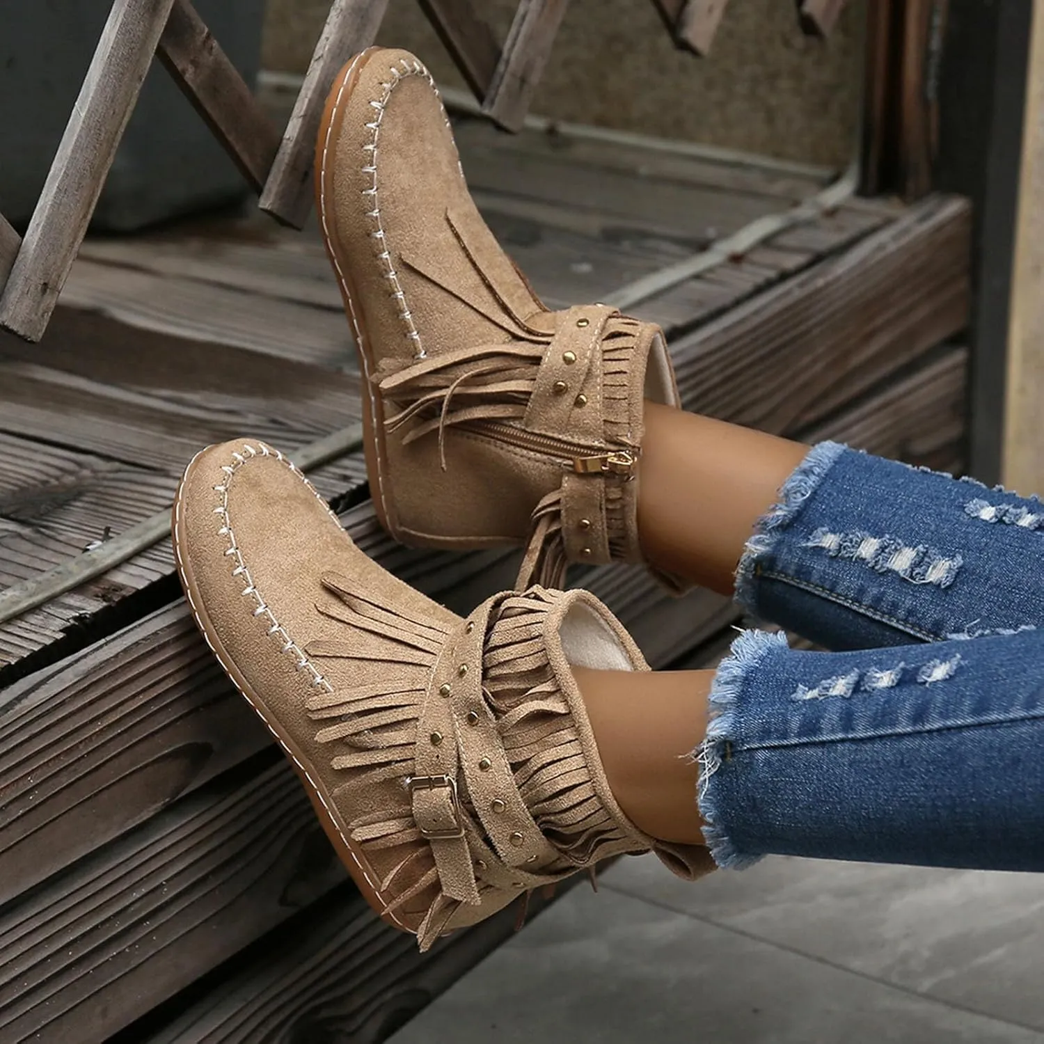 Flats Suede Boots For Women Fringe Cowboy Boots Low Heel Moccasin Boots Winter Warm Slouch Boots Short Boots