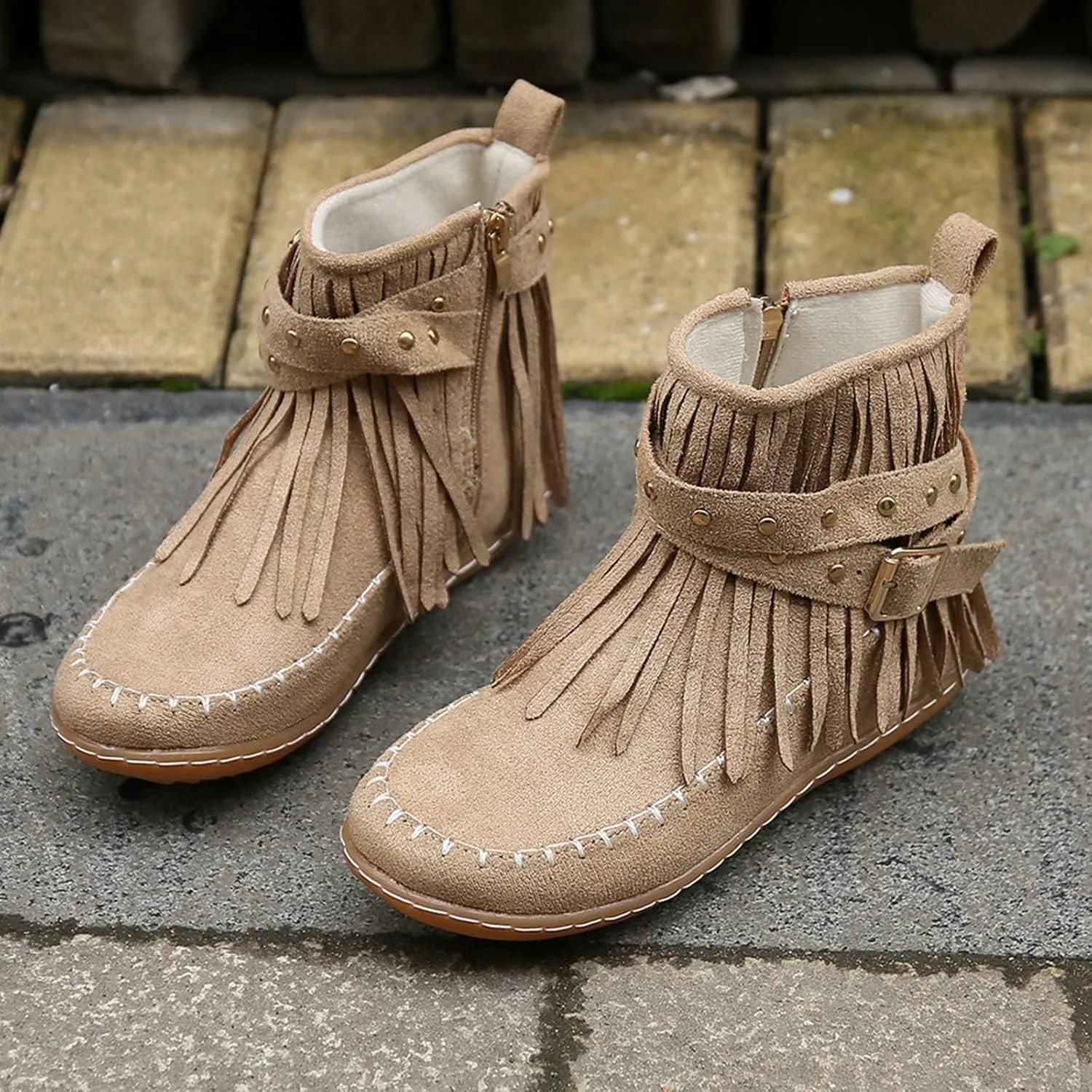 Flats Suede Boots For Women Fringe Cowboy Boots Low Heel Moccasin Boots Winter Warm Slouch Boots Short Boots