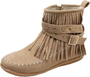 Flats Suede Boots For Women Fringe Cowboy Boots Low Heel Moccasin Boots Winter Warm Slouch Boots Short Boots