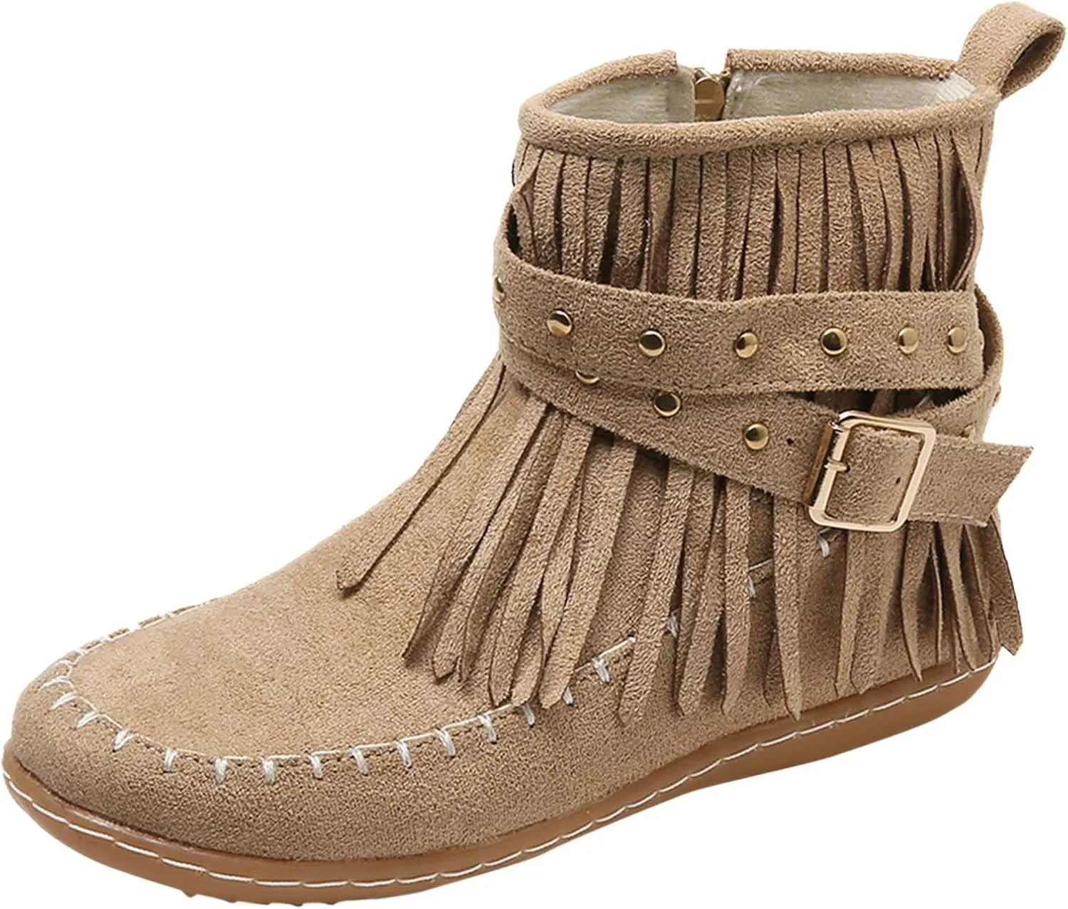 Flats Suede Boots For Women Fringe Cowboy Boots Low Heel Moccasin Boots Winter Warm Slouch Boots Short Boots