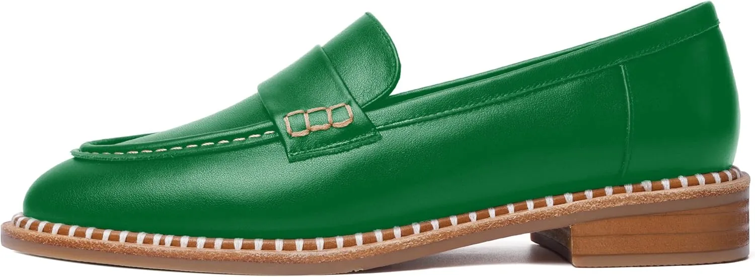 FOGEENA Womens Penny Matte Leather Casual Slip On Round Toe Work Chunky Low Heel Loafers Dress Shoes 1 Inch