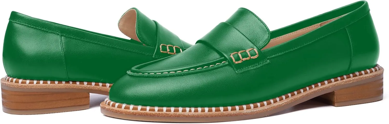 FOGEENA Womens Penny Matte Leather Casual Slip On Round Toe Work Chunky Low Heel Loafers Dress Shoes 1 Inch