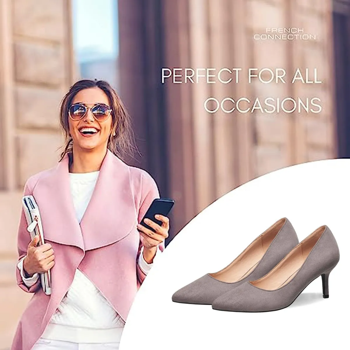 French Connection Kitten Heel Pumps for Women Closed Pointy Toe Slip-On Fashion Work Office Dress Shoes for Women