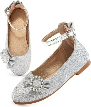 FUDYNMALC Girls Dress Shoes Ballet: Rhinestones Bow Princess Flats for Toddle Little Big Kids Mary Jane Footwear Wedding Party