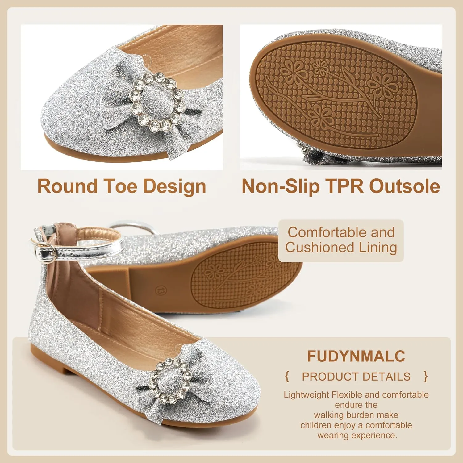 FUDYNMALC Girls Dress Shoes Ballet: Rhinestones Bow Princess Flats for Toddle Little Big Kids Mary Jane Footwear Wedding Party