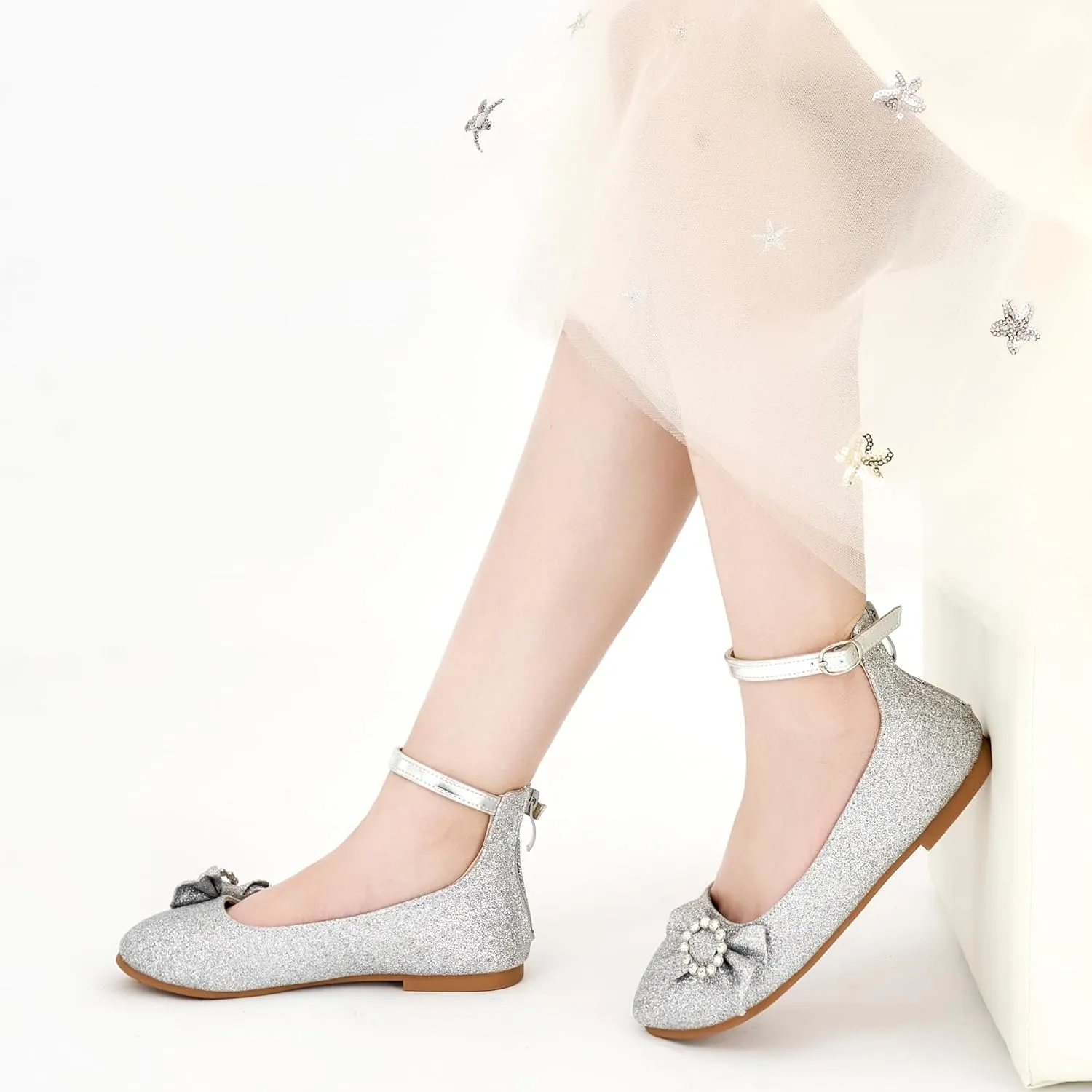 FUDYNMALC Girls Dress Shoes Ballet: Rhinestones Bow Princess Flats for Toddle Little Big Kids Mary Jane Footwear Wedding Party