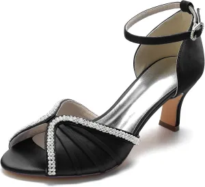 FufoneUS Women's Sandals Peep Toe Kitten Mid Heel Pumps Crystal Pleated Satin Wedding Dress Shoes,Black,10