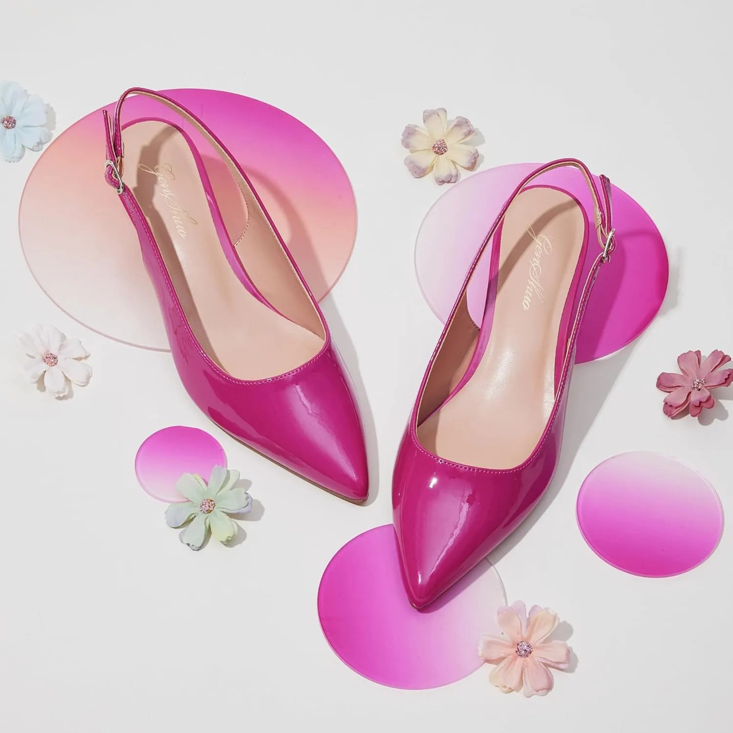 GENSHUO Low Kitten Heels Women's Slingback Dressy Pumps Pointed Closed Toe Ankle Strap Elegant Wedding Pumps Formal Comfortable Shoes