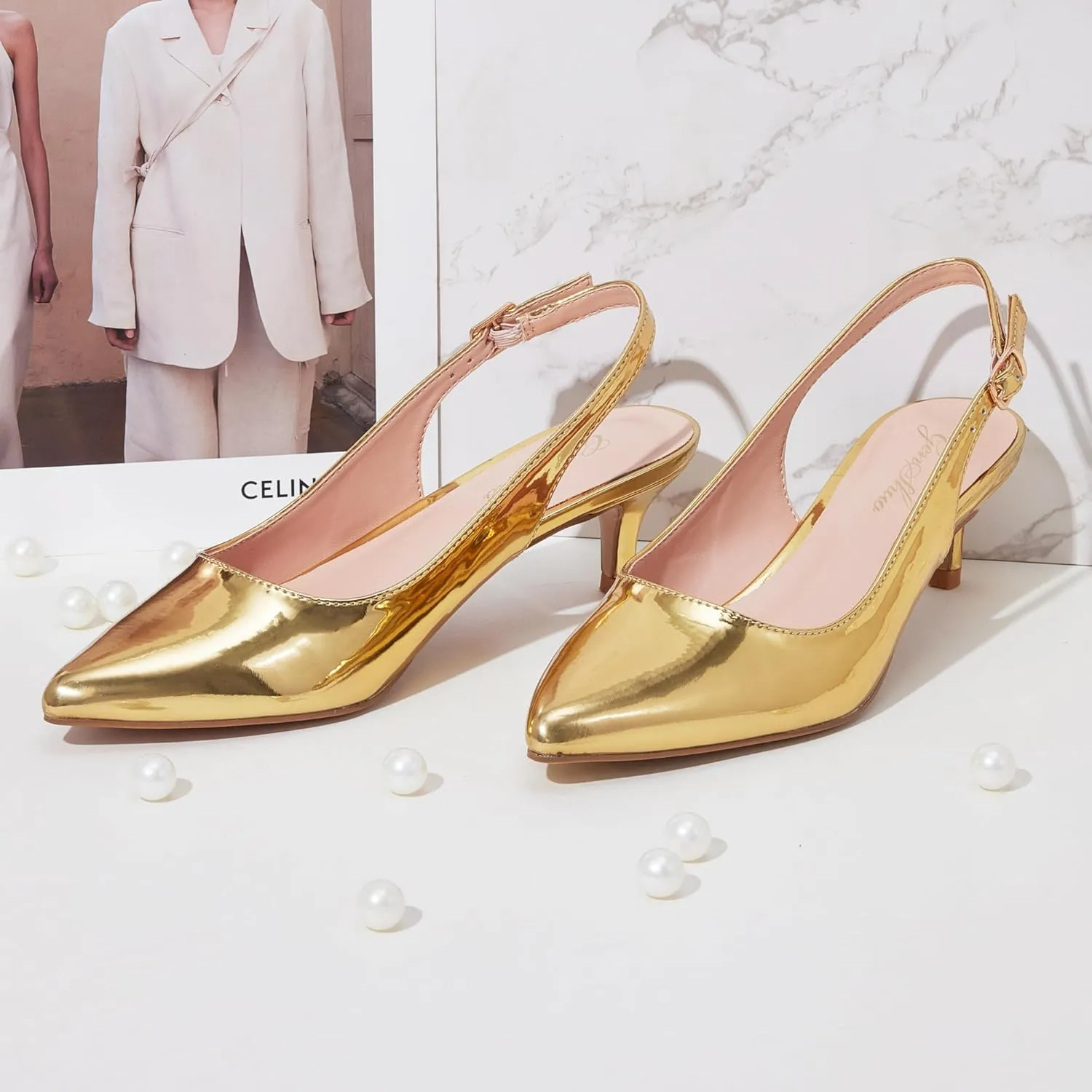 GENSHUO Low Kitten Heels Women's Slingback Dressy Pumps Pointed Closed Toe Ankle Strap Elegant Wedding Pumps Formal Comfortable Shoes