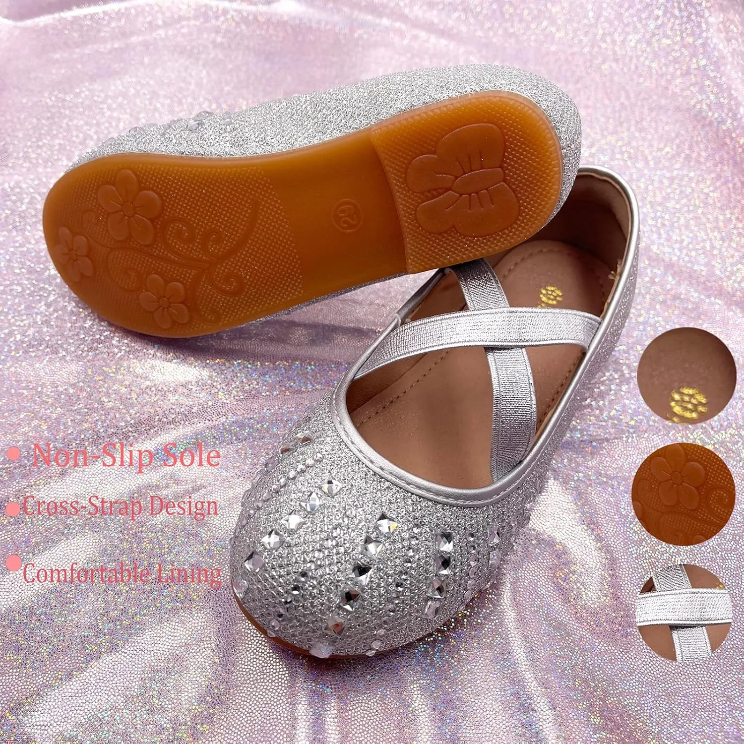 Girls Mary Jane Dress Shoes Rhinestone Dress Shoes Slip On Girl Ballet Flats for Wedding Party, Christmas（Little Kid/Big Kid）