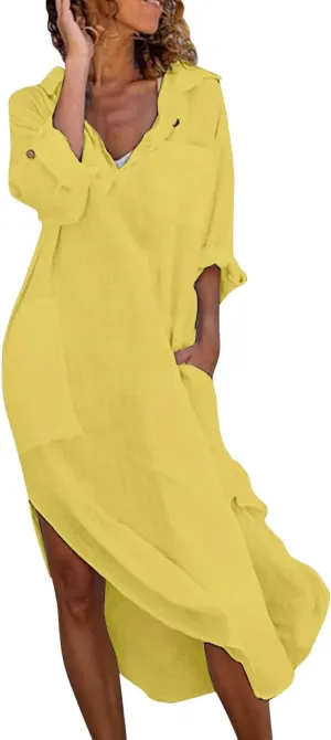 GOKKILRW Womens Cotton Linen Maxi Dresses Casual Loose Flowy V Neck Long Sleeve Side Slit A Line Beach Long Dress Coverups