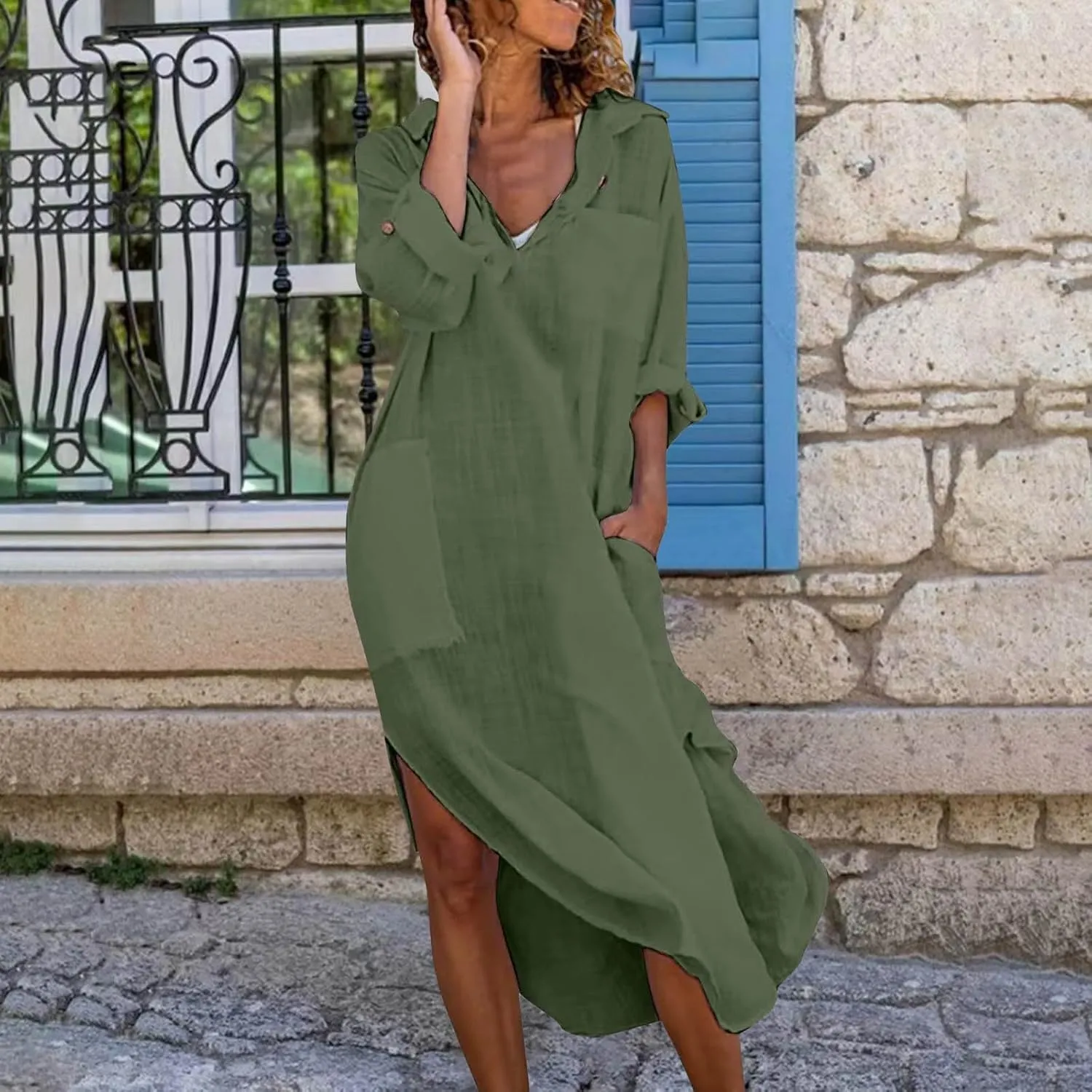 GOKKILRW Womens Cotton Linen Maxi Dresses Casual Loose Flowy V Neck Long Sleeve Side Slit A Line Beach Long Dress Coverups