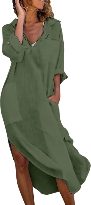 GOKKILRW Womens Cotton Linen Maxi Dresses Casual Loose Flowy V Neck Long Sleeve Side Slit A Line Beach Long Dress Coverups