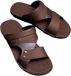 GORGLITTER Men's Beach Leather Sandals Slide Footwear Cut Out Studded Slippers Flat Shoes