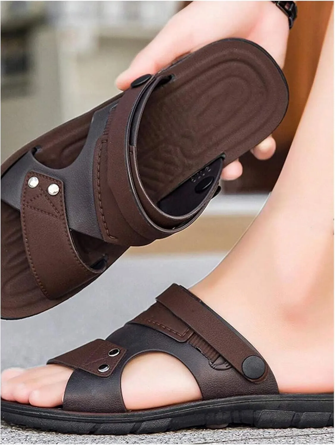GORGLITTER Men's Beach Leather Sandals Slide Footwear Cut Out Studded Slippers Flat Shoes