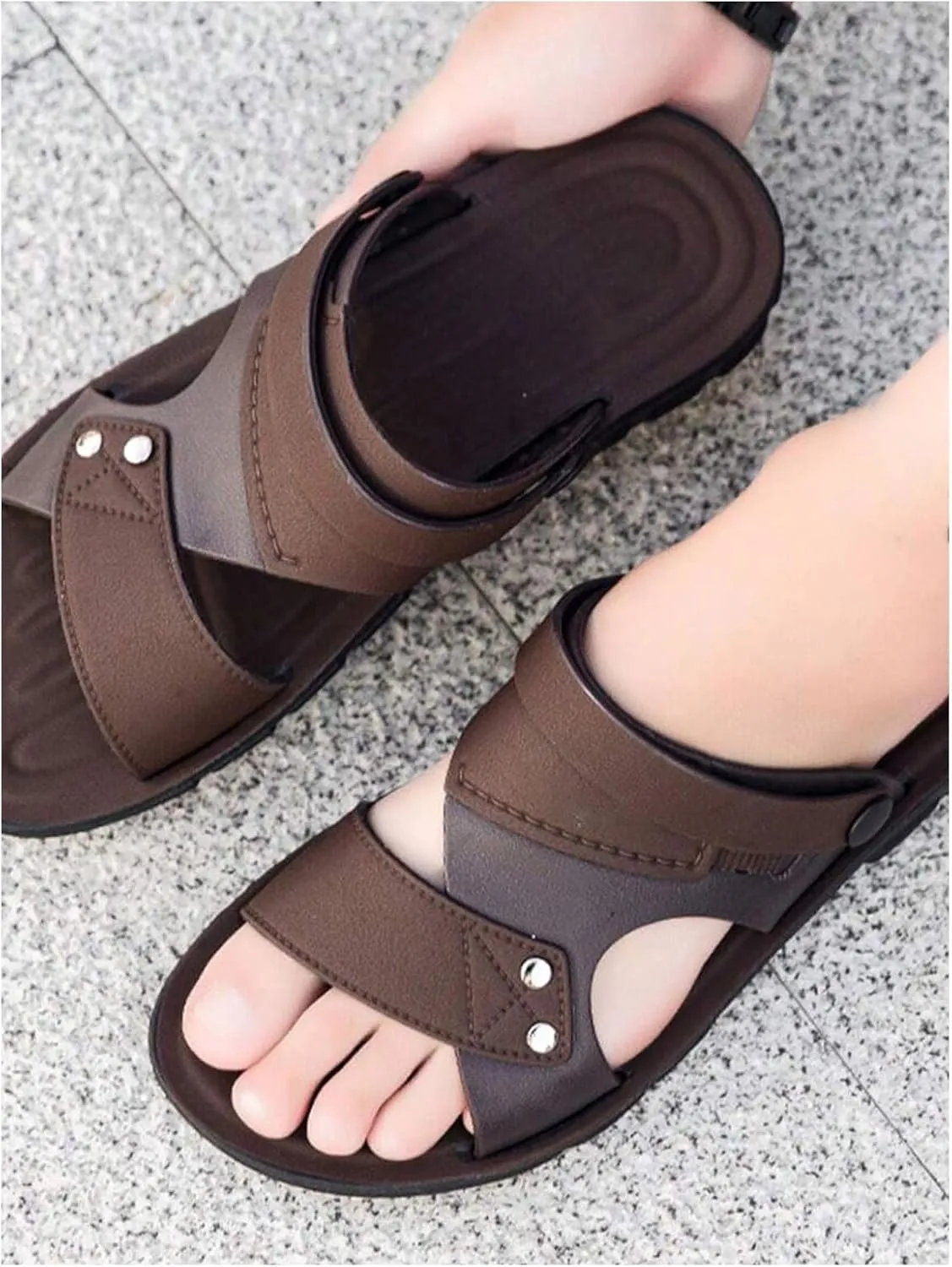 GORGLITTER Men's Beach Leather Sandals Slide Footwear Cut Out Studded Slippers Flat Shoes