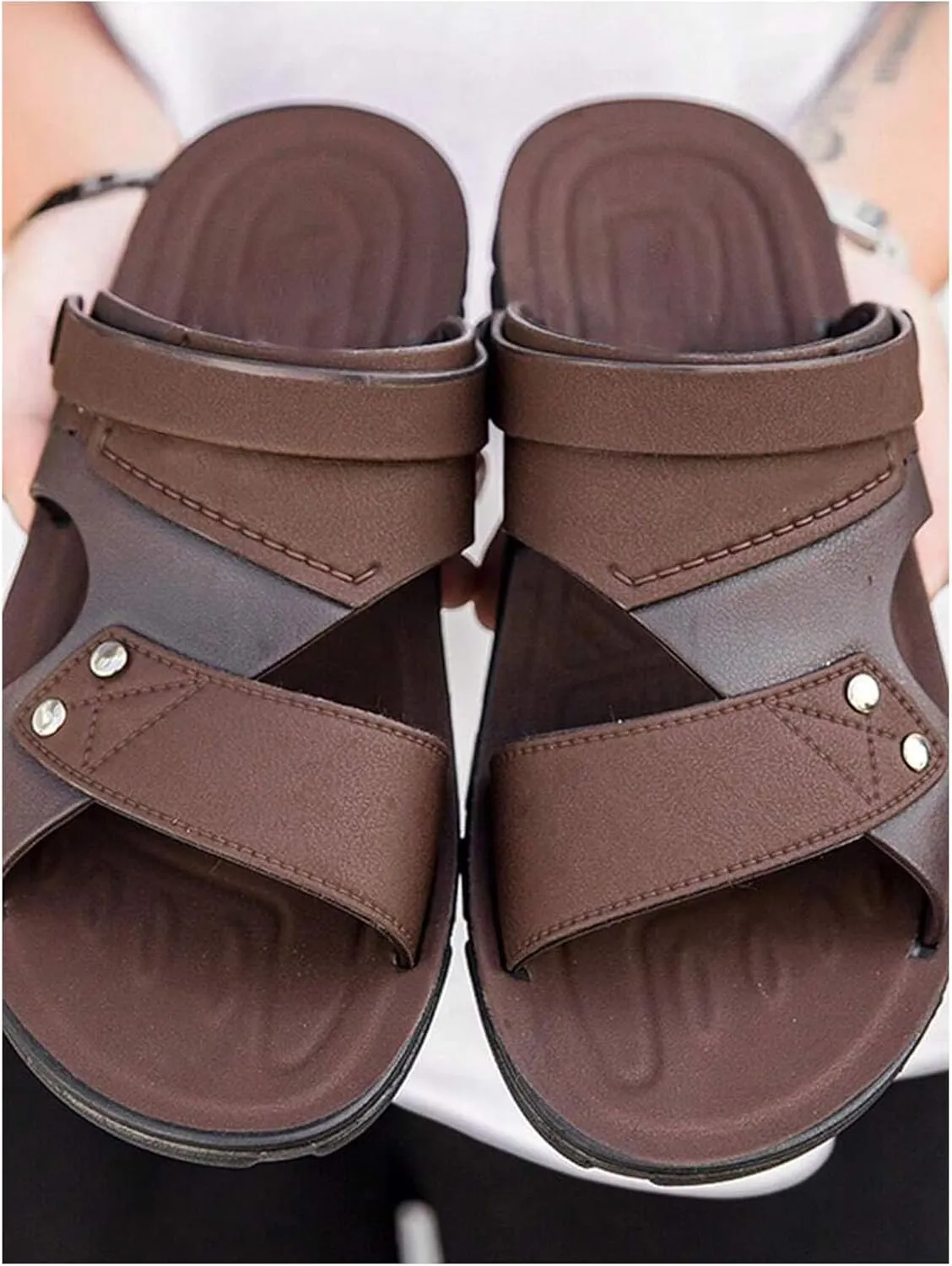 GORGLITTER Men's Beach Leather Sandals Slide Footwear Cut Out Studded Slippers Flat Shoes