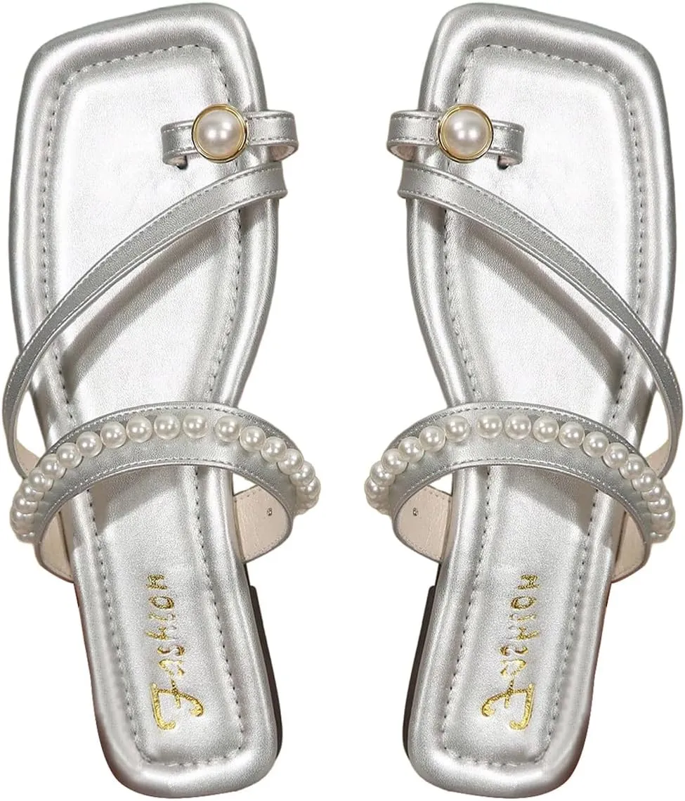 GORGLITTER Women's Sliver Pearl Sandals Toe Ring Strappy Dressy Cute Slide Sandals