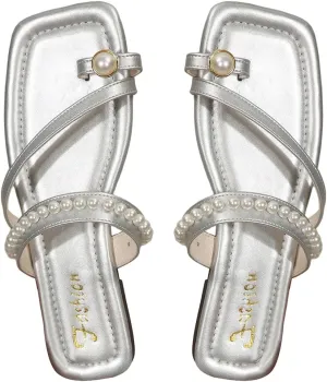 GORGLITTER Women's Sliver Pearl Sandals Toe Ring Strappy Dressy Cute Slide Sandals
