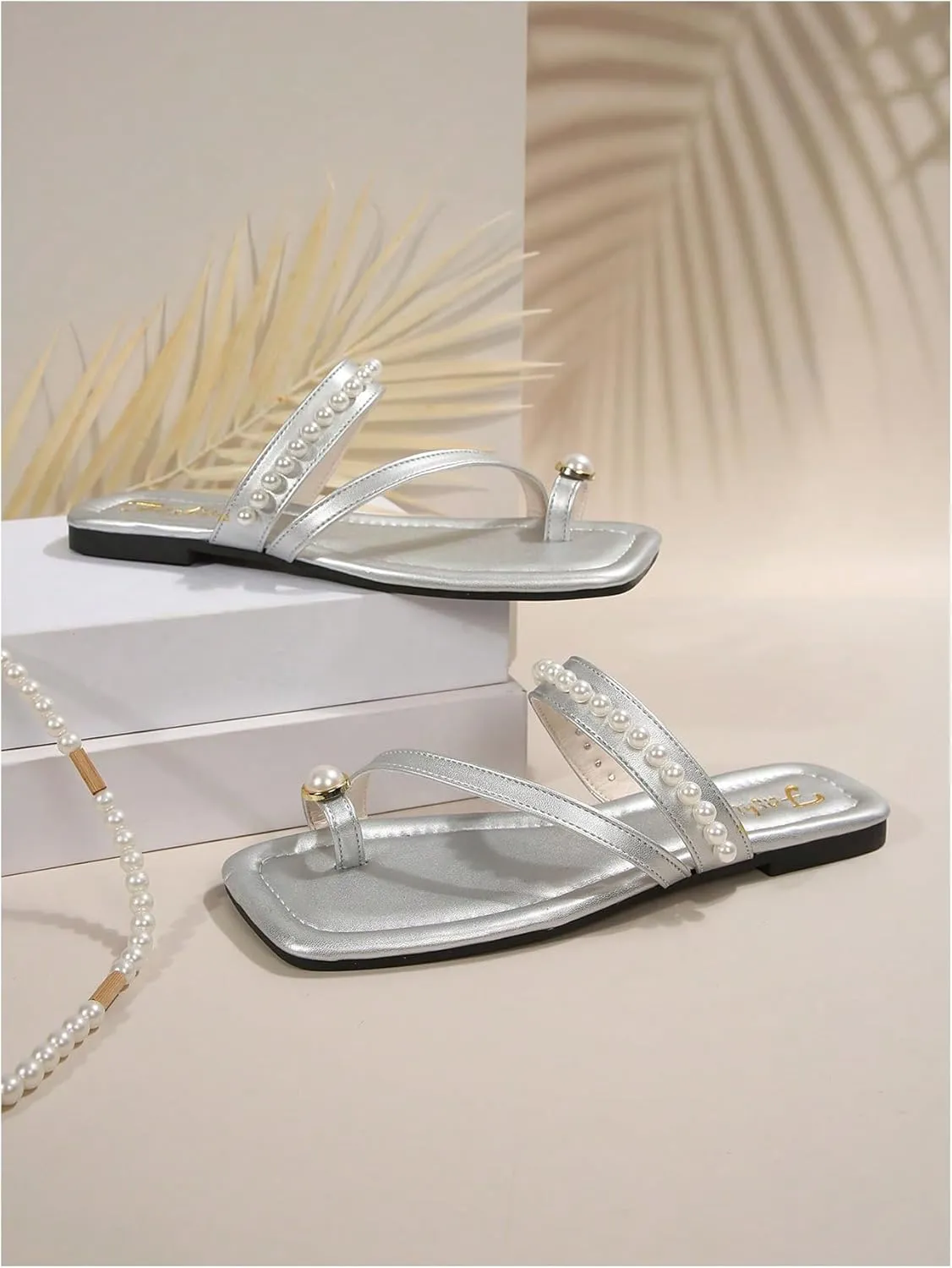 GORGLITTER Women's Sliver Pearl Sandals Toe Ring Strappy Dressy Cute Slide Sandals