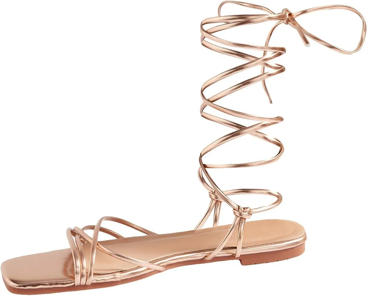 GORGLITTER Women's Strappy Sandals Gladiator Lace Up Flat Dress Slip On Slide Shoes
