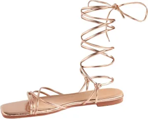 GORGLITTER Women's Strappy Sandals Gladiator Lace Up Flat Dress Slip On Slide Shoes