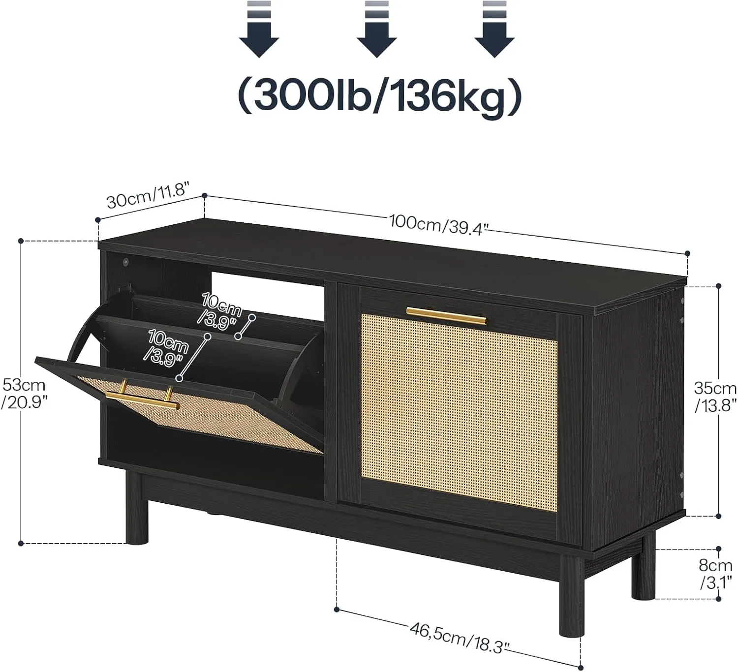 HOOBRO Rattan-Like Shoe Bench, Entryway Bench with Storage, Shoe Rack Bench, 2 Flip Drawers, Shoe Cabinet, Wooden Solid Legs, for Entrance, Living Room, Bedroom, Black and Natural BN51HX01