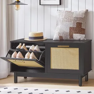 HOOBRO Rattan-Like Shoe Bench, Entryway Bench with Storage, Shoe Rack Bench, 2 Flip Drawers, Shoe Cabinet, Wooden Solid Legs, for Entrance, Living Room, Bedroom, Black and Natural BN51HX01
