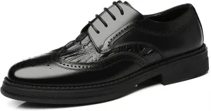 HOOENG Formal Oxford Shoes for Men Lace Up Derby Shoes Brogue Embossed Wing Tip Crocodile Embossed Leather Anti-Slip Non Slip Low Top Rubber Sole Business (Color : Black, Size : 10)